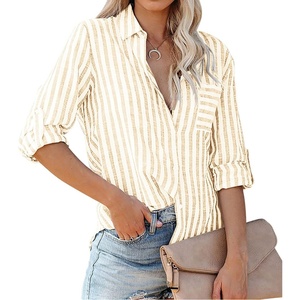 image:imageRVivimos Womens Fall Cotton Long Sleeves Roll Up Striped Casual V Neck Button Down Shirts BlousesKhaki