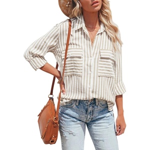 image:imageRVivimos Womens Fall Cotton Long Sleeves Roll Up Striped Casual V Neck Button Down Shirts BlousesKhaki2