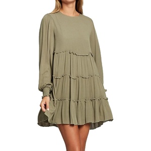 image:imageRVivimos Womens Fall Cotton Long Sleeves Ruffled Casual Loose Swing Flowy Tunic Mini DressArmygreen