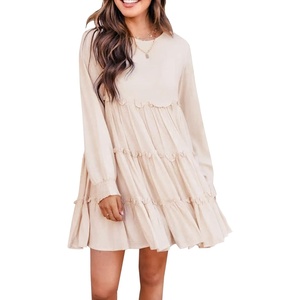 image:imageRVivimos Womens Fall Cotton Long Sleeves Ruffled Casual Loose Swing Flowy Tunic Mini DressBeige