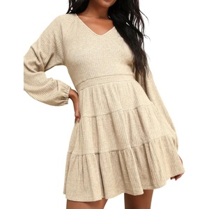 image:imageRVivimos Womens Fall Dresses Lantern Sleeve V Neck Stretchy Ribbed Knit ALine Tiered Mini Skater DressBeige