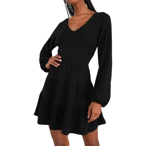 image:imageRVivimos Womens Fall Dresses Lantern Sleeve V Neck Stretchy Ribbed Knit ALine Tiered Mini Skater DressBlack