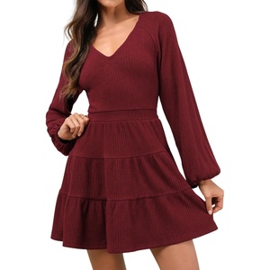 image:imageRVivimos Womens Fall Dresses Lantern Sleeve V Neck Stretchy Ribbed Knit ALine Tiered Mini Skater DressBurgundy
