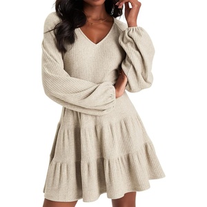 image:imageRVivimos Womens Fall Dresses Lantern Sleeve V Neck Stretchy Ribbed Knit ALine Tiered Mini Skater DressKhaki