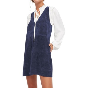image:imageRVivimos Womens Fall Faux Suede Vintage V Neck Sleeveless Overall Dress with PocketsNavyblue
