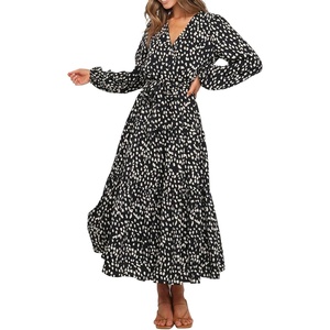 image:imageRVivimos Womens Fall Long Sleeve Casual Dresses Wrap V Neck Tiered Ruffle Flowy Midi Dress with BeltBlack