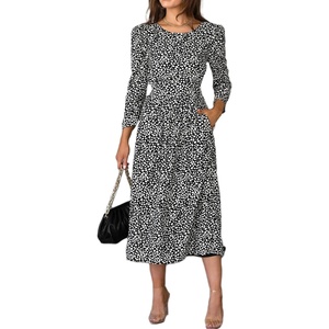 image:imageRVivimos Womens Fall Long Sleeve Crew Neck Casual Polka Dots Midi Dress with PocketsBlack