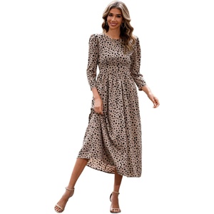 image:imageRVivimos Womens Fall Long Sleeve Crew Neck Casual Polka Dots Midi Dress with PocketsKhaki