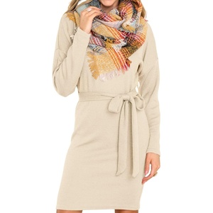 image:imageRVivimos Womens Fall Sweater Dress Casual Long Sleeve Crew Neck Elastic Knit Elegant Mini Dress with BeltBeige
