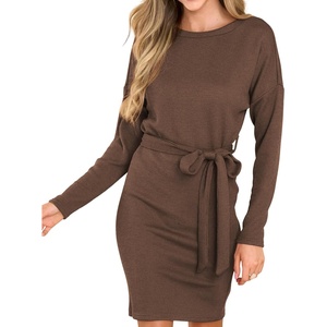 image:imageRVivimos Womens Fall Sweater Dress Casual Long Sleeve Crew Neck Elastic Knit Elegant Mini Dress with BeltBrown