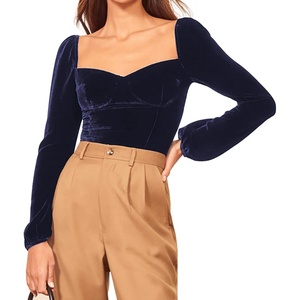 image:imageRVivimos Womens Fall Velvet Long Sleeves Square Neckline Casual Vintage Crop Tops BlouseNavyblue