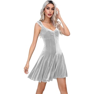 image:imageRVivimos Womens Fall Velvet Party Dress Sleeveless V Neck Empire Waist Elastic Fit and Flare Swing Mini DressSilver