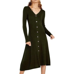 image:imageRVivimos Womens Fall Winter Long Sleeves VNeck Casual Button Down Knit Sweater Midi DressArmygreen