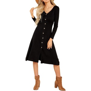 image:imageRVivimos Womens Fall Winter Long Sleeves VNeck Casual Button Down Knit Sweater Midi DressBlack
