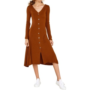 image:imageRVivimos Womens Fall Winter Long Sleeves VNeck Casual Button Down Knit Sweater Midi DressBurningorange