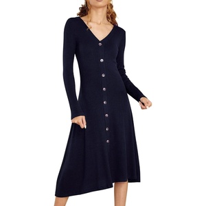 image:imageRVivimos Womens Fall Winter Long Sleeves VNeck Casual Button Down Knit Sweater Midi DressNavyblue