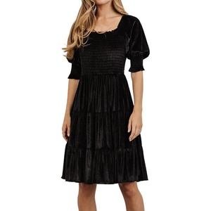 image:imageRVivimos Womens Fall Winter Velvet Casual Dress Puff Sleeve Square Neck Elastic Smocked ALine Swing Flowy Knee Length DressBlack