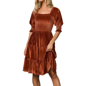 image:imageRVivimos Womens Fall Winter Velvet Casual Dress Puff Sleeve Square Neck Elastic Smocked ALine Swing Flowy Knee Length DressBrown