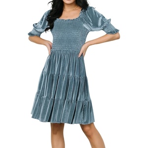 image:imageRVivimos Womens Fall Winter Velvet Casual Dress Puff Sleeve Square Neck Elastic Smocked ALine Swing Flowy Knee Length DressGreyblue