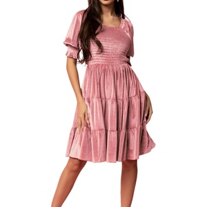 image:imageRVivimos Womens Fall Winter Velvet Casual Dress Puff Sleeve Square Neck Elastic Smocked ALine Swing Flowy Knee Length DressPink