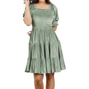 image:imageRVivimos Womens Fall Winter Velvet Casual Dress Puff Sleeve Square Neck Elastic Smocked ALine Swing Flowy Knee Length DressSagegreen