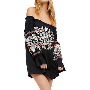 image:imageRVivimos Womens Floral Embroidered Off Shoulder Long Sleeve Short DressesBlack