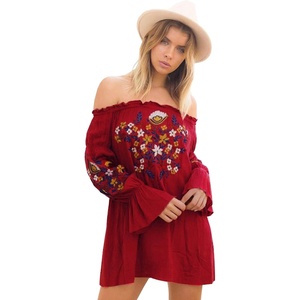 image:imageRVivimos Womens Floral Embroidered Off Shoulder Long Sleeve Short DressesWine Red