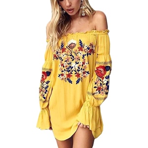 image:imageRVivimos Womens Floral Embroidered Off Shoulder Long Sleeve Short DressesYellow