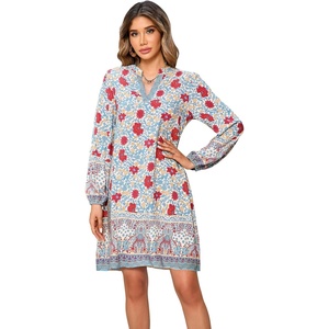 image:imageRVivimos Womens Long Sleeve Boho Tunic Dress V Neck Floral Print Casual Loose Patchwork Hem Mini DressBlue