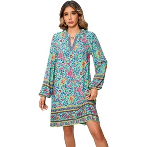 image:imageRVivimos Womens Long Sleeve Boho Tunic Dress V Neck Floral Print Casual Loose Patchwork Hem Mini DressGreen
