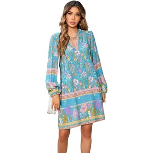 image:imageRVivimos Womens Long Sleeve Boho Tunic Dress V Neck Floral Print Casual Loose Patchwork Hem Mini DressTeal