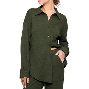 image:imageRVivimos Womens Long Sleeve Button Down Shirts Fall Winter Casual Loose Waffle Knit TopsArmy Green