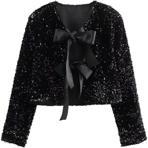 image:imageRVivimos Womens Long Sleeve Crop Tops Fall Winter Sequin Bow Tie Glitter Fashion Casual Tops BlousesBlack