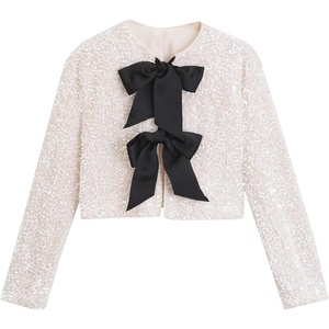 image:imageRVivimos Womens Long Sleeve Crop Tops Fall Winter Sequin Bow Tie Glitter Fashion Casual Tops BlousesWhite