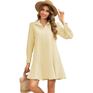 image:imageRVivimos Womens Long Sleeve Shirt Mini Dress Spring Fall Cotton Swiss Dot Button Up Ruffle Hem Tunic Dress with PocketsBeigeswissdots