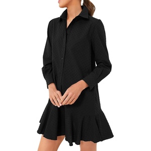 image:imageRVivimos Womens Long Sleeve Shirt Mini Dress Spring Fall Cotton Swiss Dot Button Up Ruffle Hem Tunic Dress with PocketsBlackswissdots