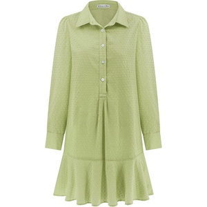 image:imageRVivimos Womens Long Sleeve Shirt Mini Dress Spring Fall Cotton Swiss Dot Button Up Ruffle Hem Tunic Dress with PocketsLight Green