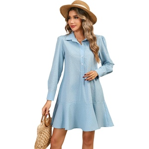 image:imageRVivimos Womens Long Sleeve Shirt Mini Dress Spring Fall Cotton Swiss Dot Button Up Ruffle Hem Tunic Dress with PocketsSkyblueswissdots