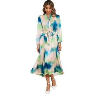 image:imageRVivimos Womens Long Sleeve Tie Dye Henley V Neck Button Up Loose Flowy Midi Dress with BeltBlue Green