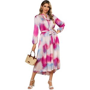 image:imageRVivimos Womens Long Sleeve Tie Dye Henley V Neck Button Up Loose Flowy Midi Dress with BeltFuchsia
