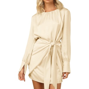 image:imageRVivimos Womens Satin Dress Long Sleeve Casual Wrap Ruched Tie Waist Party Mini DressCream