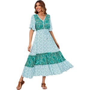 image:imageRVivimos Womens Short Sleeve V Neck Cotton Beach Floral Buttons Midi DressesGreen