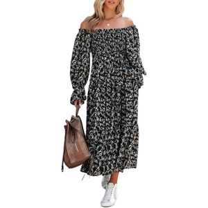 image:imageRVivimos Womens Square Neck Long Sleeve Midi Dress Casual Floral Backless ALine Flowy Pockets Long Dresses with BeltBlack