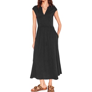 image:imageRVivimos Womens Summer 2026 Cotton Cap Sleeve V Neck Empire Waist Casual Midi Dress with PocketsBlack