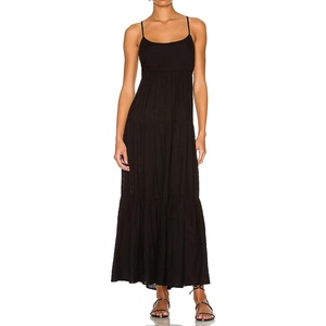 image:imageRVivimos Womens Summer Adjustable Spaghetti Strap Flowy Maxi Dress Boho Bow Tie Back Sexy Backless Ruffle Tiered Long DressBlack