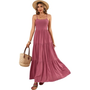 image:imageRVivimos Womens Summer Adjustable Spaghetti Strap Flowy Maxi Dress Boho Bow Tie Back Sexy Backless Ruffle Tiered Long DressDarkpink