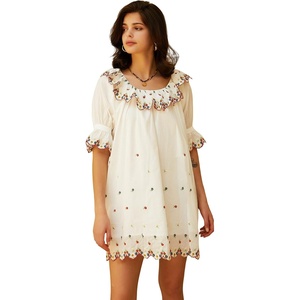 image:imageRVivimos Womens Summer Babydoll Mini Dress Cotton Puff Sleeve Floral Embroidered Casual Loose Tunic DressWhite