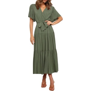 image:imageRVivimos Womens Summer Casual Short Sleeves V Neck Belted Flowy Midi DressArmygreenshortsleeve