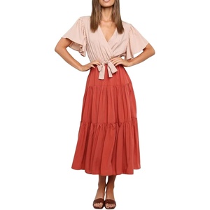 image:imageRVivimos Womens Summer Casual Short Sleeves V Neck Belted Flowy Midi DressBeigeorangeshortsleeve