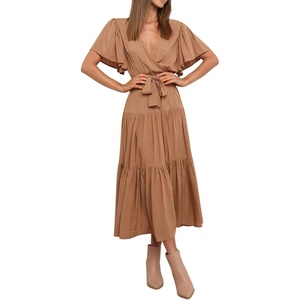 image:imageRVivimos Womens Summer Casual Short Sleeves V Neck Belted Flowy Midi DressBrownshortsleeve